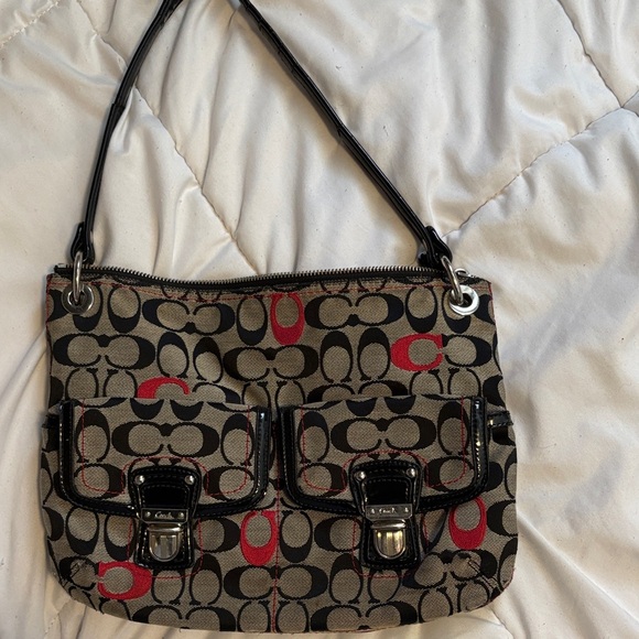 Coach Handbags - Coach Brown Signature Canvas Shoulder Bag with Black Trim & Red Accents